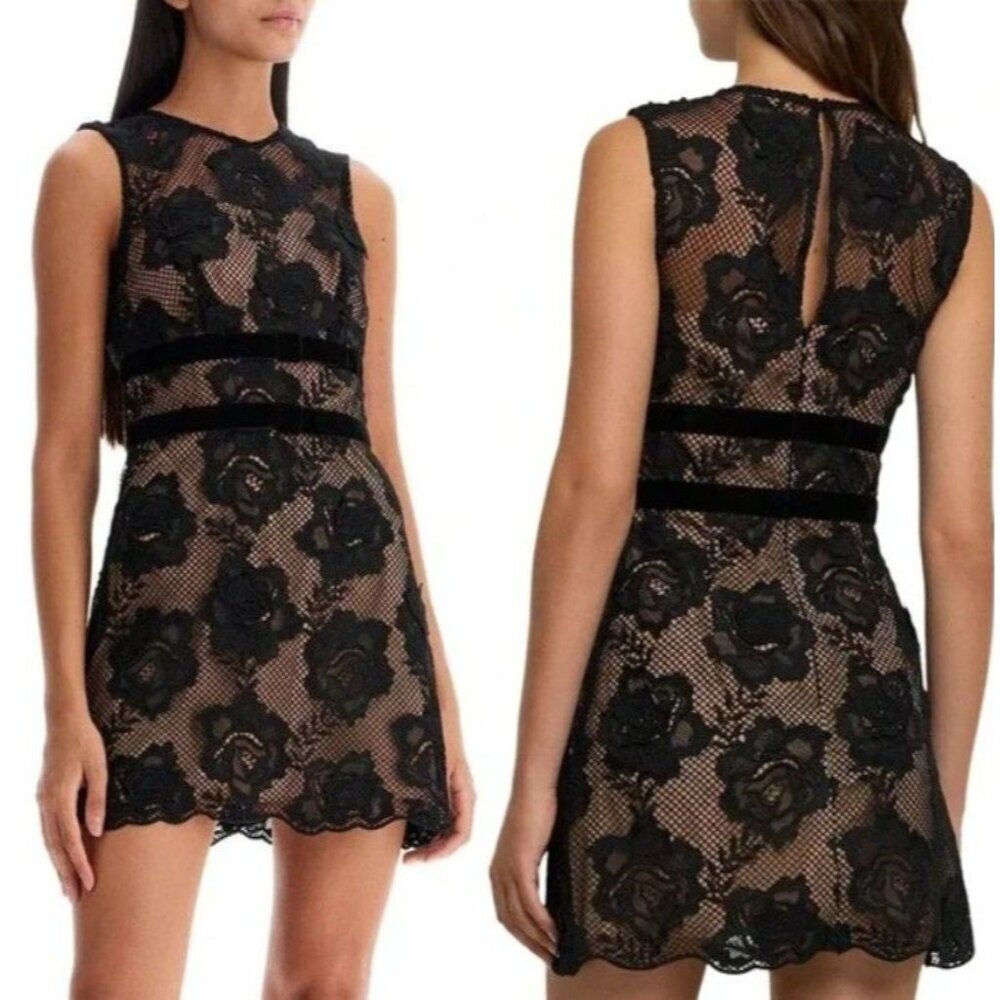 NWT Self-Portrait Lace Velvet Bow Mini‎ Dress in Black Size 2